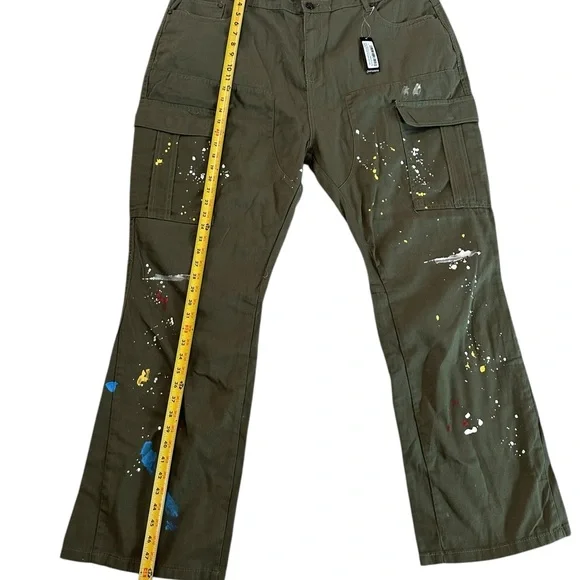 Boohoo Man Plus Slim Flare Gusset Paint Splatter Green Cargo Trouser Pants Sz 46 - Picture 7 of 16